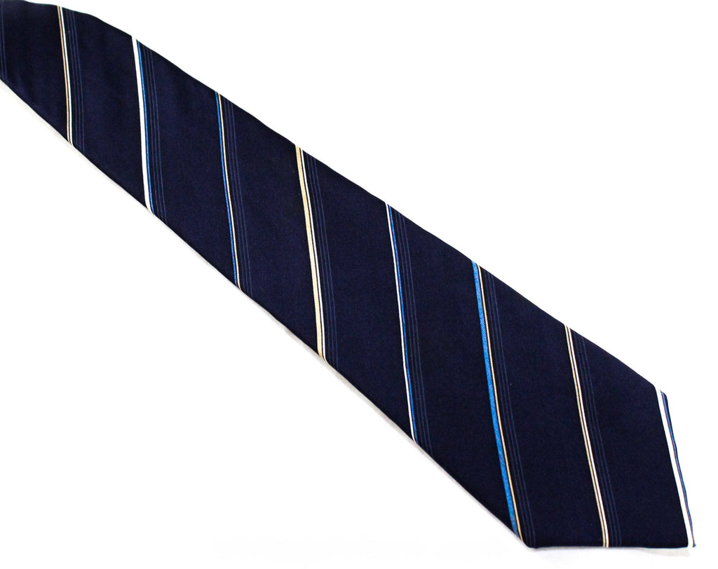 1980s Christian Dior Striped Tie - Navy 80s Designer Necktie - Dark Blue & Khaki Tan Diagonal Silk Stripes - Paris New York - Logo Lining