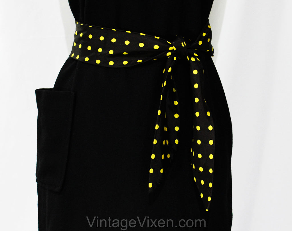 Size 12 Black Dress with Yellow Polka Dot Sash - 1960s Mod Office Dres Vintage Vixen Clothing Size 12 Black Dress with Yellow Polka Dot Sash - 1960s Mod Office Dres Vintage Vixen Clothing