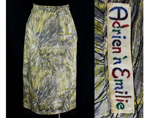 Size 0 Silk Skirt - XXS - 1950s Pencil Skirt - Yellow & Gray Sketched 50s Suit Separates - Timeless Tailoring - Straight - Waist 23 - 46843