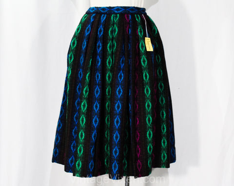 XXS 1950s Pleated Skirt - Folk Style Harlequin Diamond Wool Tweed Stripes - Size 2 Winter Fuschia Green Black - 50s 60s Deadstock - Waist 24