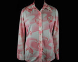 Size 12 Beach Shirt - 1970s Pink Seashells Shirt - Large Beachy Summer Casual 70s Long Sleeved Top - Sea Shells - Polyester - 31769-1