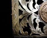 1950s Sterling Belt Buckle with Aztec Calendar & Silver Leather Belt - Size Large 14 to 18 - Western 50s Boho Rodeo - Guadalajara Mexico