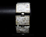 50s Confetti Bracelet - 1950s Rockabilly White Lucite - "Trapped" Pearlescent Flakes & Metallic Silver - Mid Century MCM Panel Bracelet