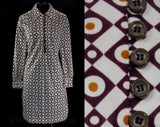 Size 10 Mod Mini Dress - Geometric 60s Sheath - Purple Amber & White Tile Print Long Sleeved Shirt-Dress - NOS 1960s Deadstock - Bust 38