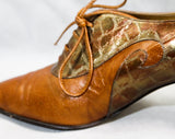 Size 9.5 Antique Style Shoes - Faux Alligator Caramel Brown Leather Heels - Bronze Gold Metallic Lace Up Oxford Pumps by Desiree - Point Toe