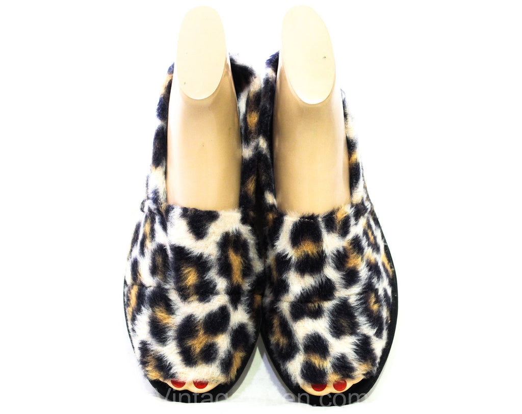Faux Leopard Fur Slippers - Size 7 to 8 1960s Vintage Lounge House Shoes - Spotted Exotic Cat Furry Acrylic Indoor Slides - 60s Open Toes