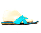 Size 7.5 Exotic Turquoise Sandals - 1960s Aqua Blue Leather Summer Shoes - Persian Style Magic Carpet Slides - Upturned Point Toes - 7 1/2 B