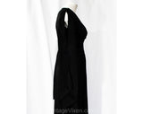 Size 6 Hippie Black Dress - Bohemian 70s Polyester Knit with Peek A Boo Bare Midriff Waist Medallion - Slit Long Angel Sleeve - Bust 33.5