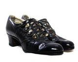 Size 6 Antique Shoes - 1910s Titanic Era Black Leather Pumps - Edwardian Pointed Toes - Lattice Buttoned Closure - Stacked Wooden Heels