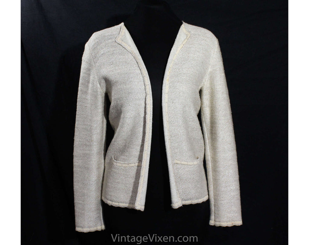 Size 6 St John Cardigan - Designer 70s Suit Separates - Oatmeal Textured Wool Knit Natural Cream Crochet Trim - Open Front Sweater - Bust 34