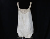 As Is 1920s Cotton Teddy - Size 6 Authentic 20s Flapper Era Lingerie - Tea Colored Camisole Panty Combination - Filet Crochet Lace - Bust 34