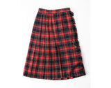 Size 2 Plaid Wool Kilt Skirt with Brass Pin - XS Fall Winter Red & Green Tartan - 50s Look Preppie Pleated Wrap Skirt and Fringe - Waist 24