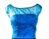 Fragile Size 8 1950s Cocktail Dress with Stardust Rhinestones - As Is Sapphire Blue Silk Organza - 50s Fit & Flare Skirt - Poor Condition