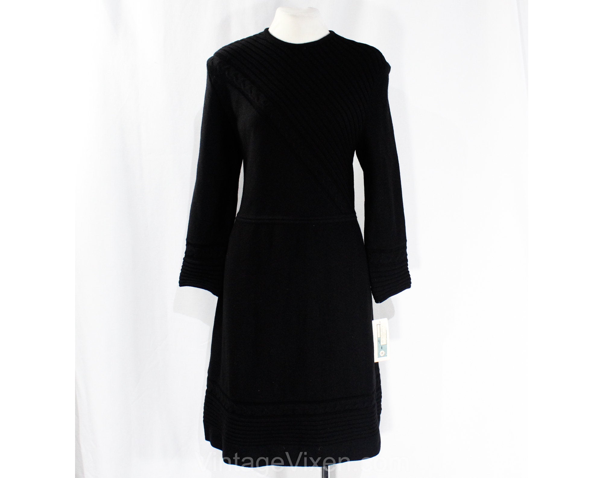 Size 10 Italian Wool Dress - 1960s Black Asymmetric Cabled Sweater Kni Vintage Vixen Clothing Size 10 Italian Wool Dress - 1960s Black Asymmetric Cabled Sweater Kni Vintage Vixen Clothing