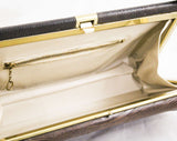 1950s Reptile Purse - Dark Brown Leather Handbag - Classic 50s 60s Bag - Goldtone Metal Hardware - Top Handle Bag - Near Mint! - 38906
