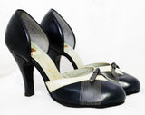 Size 4 Art Deco Shoes - Unworn 1940s Navy & White High Heels - 40s Small Size Pumps - Two-Tone Dark Blue Top Stitched Leather - 4B Deadstock