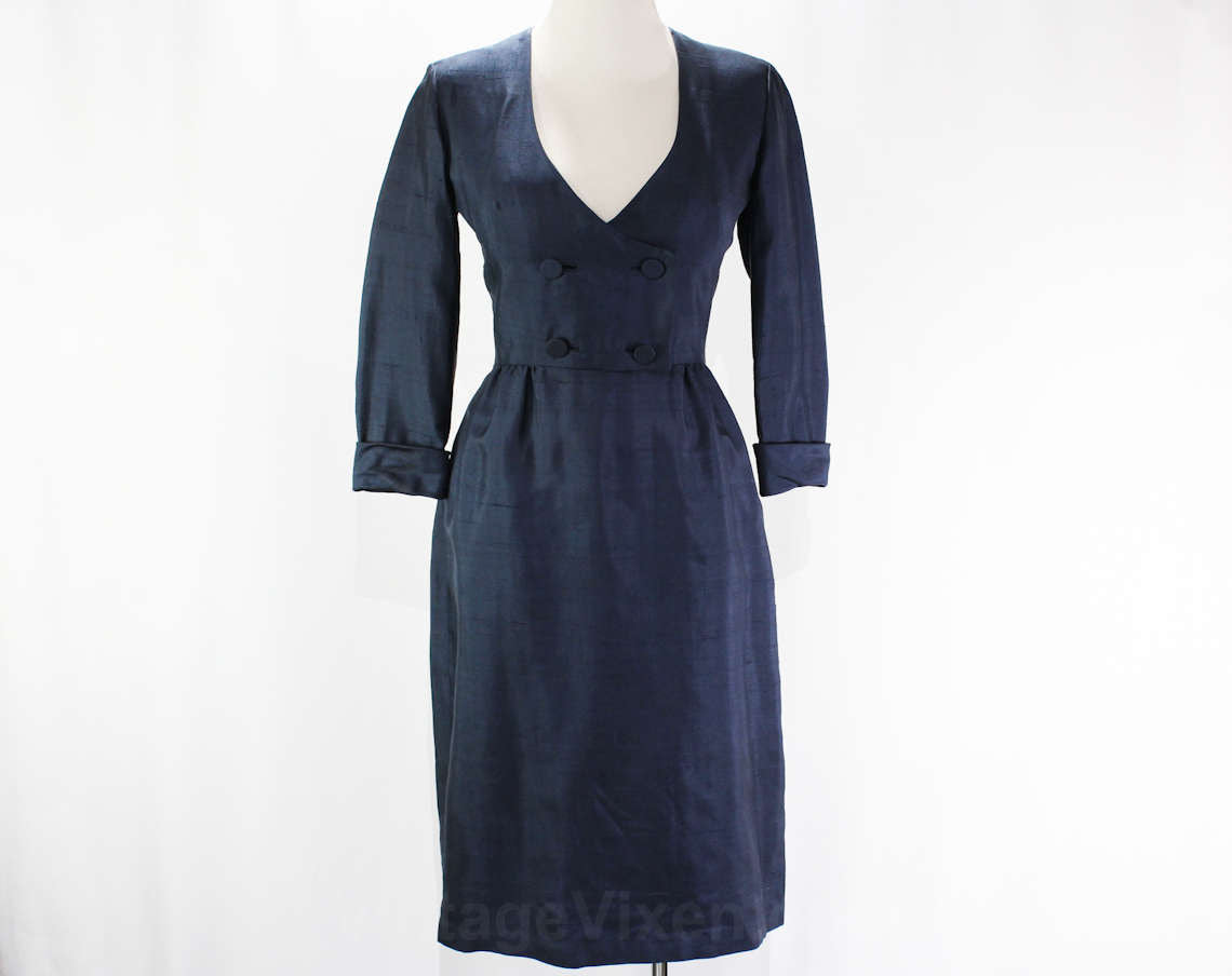 Size 4 1950s Marilyn Dress - New Look 50s Navy Blue Silk Cocktail Dres Vintage Vixen Clothing Size 4 1950s Marilyn Dress - New Look 50s Navy Blue Silk Cocktail Dres Vintage Vixen Clothing
