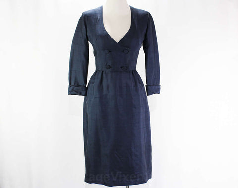 Size 4 1950s Marilyn Dress - New Look 50s Navy Blue Silk Cocktail Dress - Decollete Bust - Nipped Waist - Impeccable Condition - Waist 25