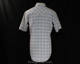 Small Men's Western Shirt - 1970s Rockabilly Cowboy Mens Top - Short Sleeved Blue Maroon White Plaid Cotton - Holt - Neck 14.5 - Chest 38