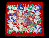 1940s Tropical Floral Rayon Scarf - 40s Red Blue Green Iris Flowers & Palm Leaves - Exuberant Pacific WWII USO Style Swing Era Head Wrap