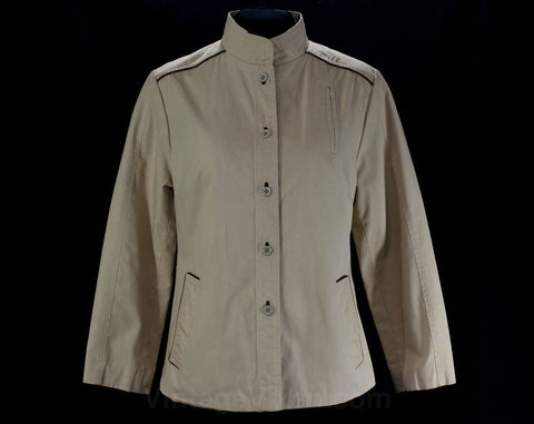 Size 6 Khaki Jacket - 1970s Casual Chic - Sophisticated Windbreaker - 70s Tan Cotton - Chocolate Brown Leather Piping - Bust 35.5 - 46805