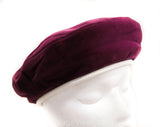Ladies Plum Purple Velvet Hat - 60s Designer Adolfo II - Beret Tam Style Flat Cap with White Leather Trim - Mod Plush 1960s Paris New York