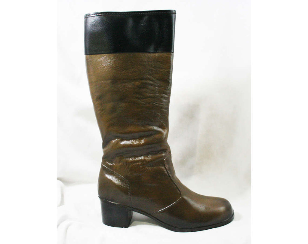 Size 9 Black & Brown 60s Boots - Waterproof Rubber - Sophisticated 1960s Street Style - Color Block - Lined - Unworn - Deadstock - 43293-1