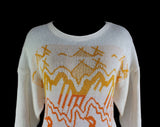 Size 000 Sweater - Native American Western TeePees Motif Mountain Scene - XXS Oversized Boho Pullover - Yellow Orange Gold White - Bust 36