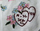 Antique Baby Bib - Dated 1912 Art Nouveau Pink & Blue Embroidery - 1910s Infants Fancy Titanic Era - Novelty Ribbon Sweethearts and Flowers