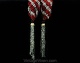 Beaded Braid Belt with Tassels - Red & Silver Glass Beads with Goldtone Metal Details - Small Medium - Striped 1960s Goddess Tie Sash