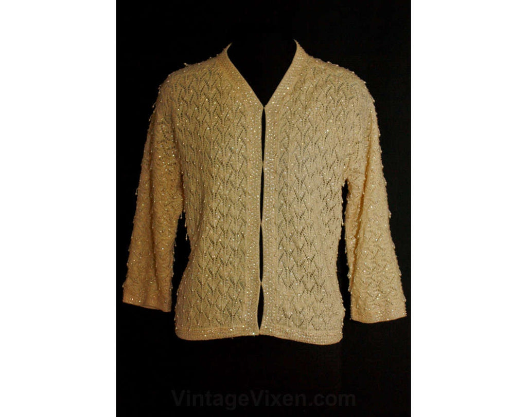 Large 50s Beaded Sweater - Beautiful 1950s Ecru Wool Cardigan with Shaggy Beadwork - Size 12 - Hong Kong - Near Mint - Bust 38.5 - 35229