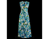 Size 10 Blue Floral 70s Sun Dress - 1970s Sleeveless Maxi Long Gown - Wash & Wear Sateen - Summer Daisy Flowers - Ankle Length - Bust 37