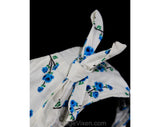 Size 8 1950s Sun Dress - Fresh White Roses Print Cotton 50s Summer Frock - Blue Green Black - Sleeveless Fit & Flare with Belt - Waist 26.5
