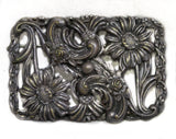 1910s Art Nouveau Daisy Brooch - Silver Floral & Flourish Metal - 1900s Edwardian Gibson Girl Antique Sash Pin - Large Rectangular - 50493