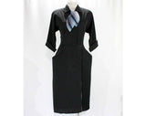 Size 4 1950s Dress - New Look Era Black Crepe 50s with Ascot - Wing Lapel - Nipped Waist - Blue Plaid Tie & Plaid Lining - Waist 25