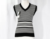 Size 6 Sweater Vest - 1970s Sleeveless V Neck Pullover - Black & White Striped Knit Top - Cute Fall Autumn 70s NWT Deadstock - Bust 34