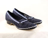 Size 5.5 See Through Navy Shoes - Unworn 1960s Casual Loafers - Dark Blue Zig-Zag Ventilated Mesh - Kitsch Preppy 60s Deadstock - 5 1/2 M