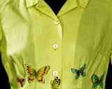 Size 6 McMullen Blouse with Butterfly Appliques - 1950s Yellow Fine Linen Top - Short Sleeved 50s Butterflies Shirt - Beautiful! - Bust 34