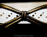 1960s White Vinyl Belt with Metal Bow Buckle - Medium Large Mod 60s Belt with Dot Perforations - Burnished Brassy Hardware - Waist 28 to 32