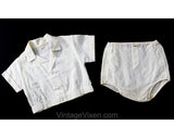 Toddler's 50s Outfit - White Rayon 1950s Short Set - Gender Neutral - Baby Boy Size 18 Months - Short Sleeve Top & Plastic Diaper Lining