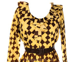 Size 10 1960s Ruffled Dress - Coffee Brown Crinkle Crepe Fit & Flare 60s Frock with Belt - Go-Go Style Ruffle Collar and Cuffs - Waist 29