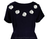 Size 18 1950s Navy Dress with Butterfly Insects Embroidery - XL Dark Blue Cotton Early 50s Fit & Flare Frock - White Flying Bugs - Waist 37