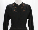 Size 8 1940s Dress - New Look Black Wool 40s 50s - Long Sleeve Fall Autumn Dress with Copper Beading - Beaded Flowers - Waist 28