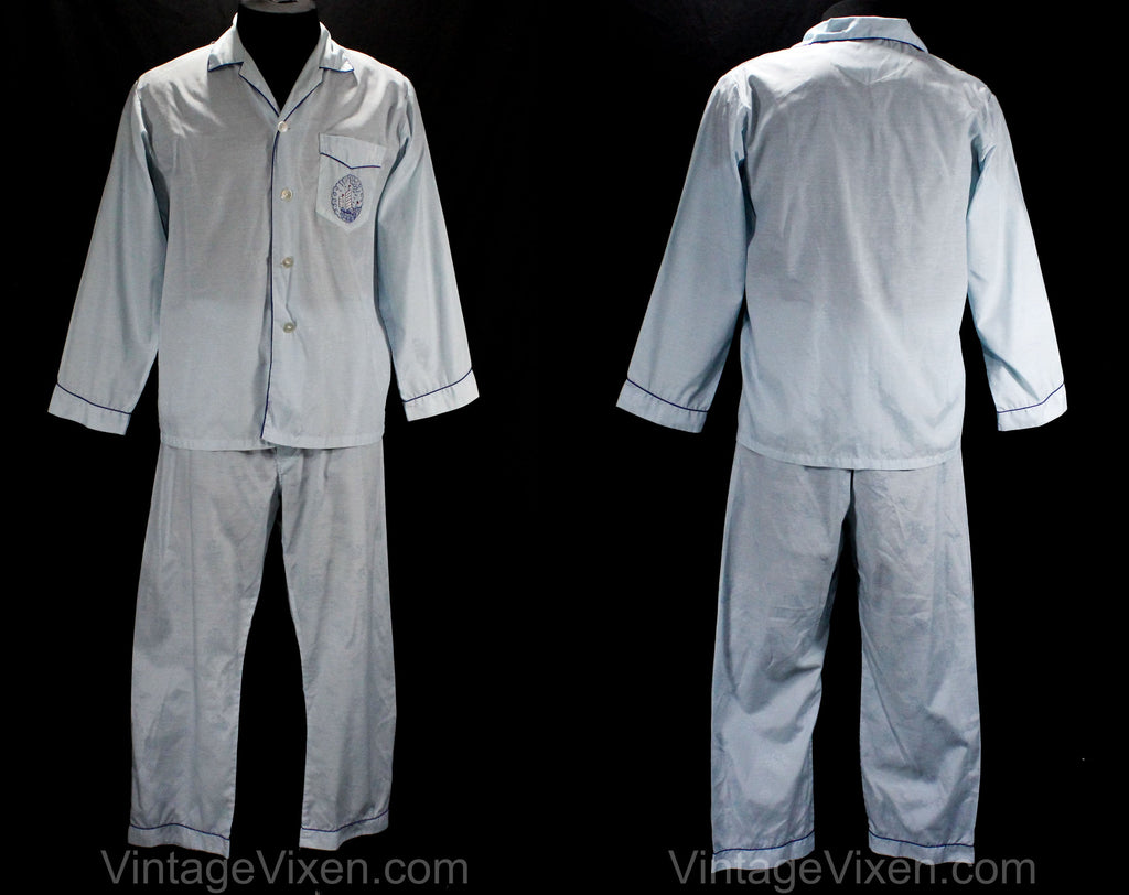 1960s Men's Pajama with Chinese Ship Embroidery - Size Medium - Mens PJ Shirt & Pant - Pale Blue 60s Lounge Wear - Junk Boat - 50194