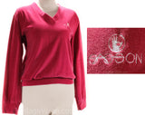 Large Raspberry Velour Sweatshirt - 1980s Sasson Purple Pink Pullover - 80s Athletic Casual Preppy Long Sleeve Sweater Knit Top - Bust 44