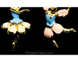 Fairy Ballerina Fantasy Brooch Pair - 1950s Dancers Pin Set of Two - Petal Skirt Faerie - Painted Pink Blue Daisy Flowers - 50s Novelty
