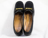 Size 9 Black Shoes - 1960s Authentic Vintage 9AA Pumps - Fine Leather Shoe with Brass Bits by Fashion Craft - Secretary Chic 60s Deadstock