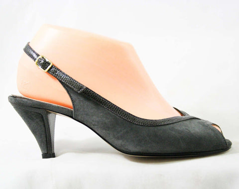 30s Style Sandals - Size 6 1/2 M - Gray Suede 1970s Shoes - Grey 70s Heels - Faux Snake - Peep Toe - Hush Puppies - Deadstock 6.5 - 43212-1