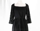 Size 10 Black Formal Dress - 60s Evening Gown with Beaded Sleeves - Beautiful Elegant 1960s Crepe with Sequins & Dangling Beads - Bust 40