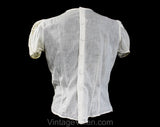 Size 6 1940s Peasant Blouse - Fresh White Cotton Short Sleeved Top with Daisy Eyelet Embroidery - 40s Spring Summer Sheer Shirt - Bust 34